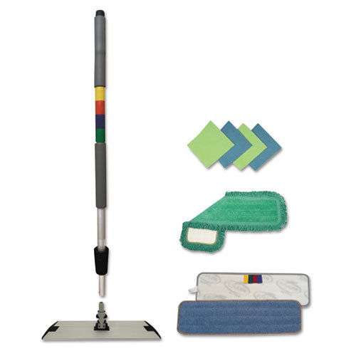 Boardwalk Microfiber Cleaning Kit, 18" Wide Blue-Green Microfiber Head, 35" to 60" Gray Aluminum Handle BWKMFKIT