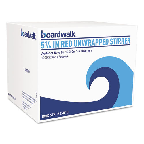 Boardwalk Single-Tube Stir-Straws,5.25", Polypropylene, Red, 1,000-Pack, 10 Packs-Carton BWKSTRU525R10