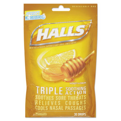 Halls Triple Action Cough Drops, Honey-Lemon, 30-Bag, 12 Bags-Box 03 12546 62183 00