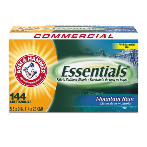 Arm & Hammer Essentials Dryer Sheets, Mountain Rain, 144 Sheets-Box, 6 Boxes-Carton 33200-00102