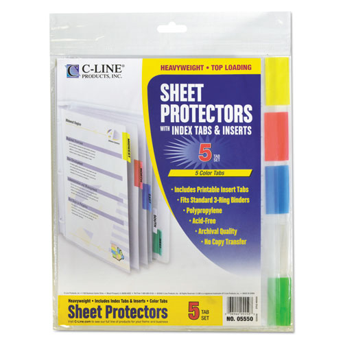 C-Line Sheet Protectors with Index Tabs, Assorted Color Tabs, 2", 11 x 8 1-2, 5-ST 05550