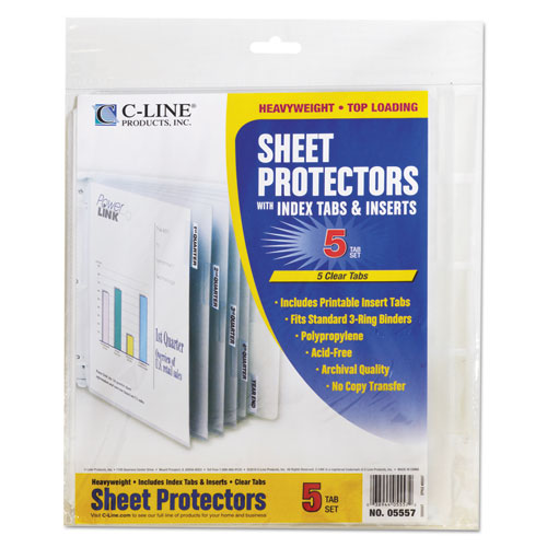 C-Line Sheet Protectors with Index Tabs, Heavy, Clear Tabs, 2", 11 x 8 1-2, 5-ST 05557