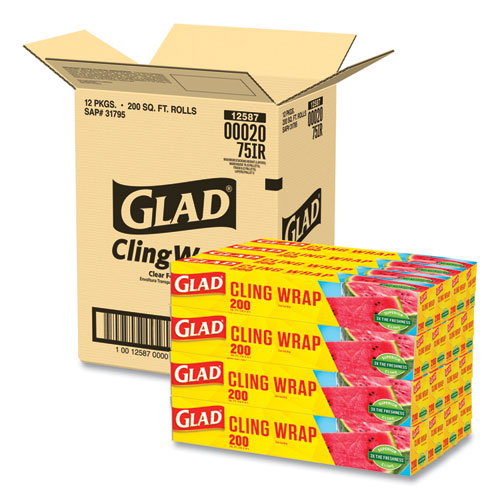 Glad ClingWrap Plastic Wrap, 200 Square Foot Roll, Clear, 12 Rolls-Carton 00020