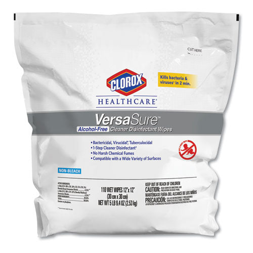 Clorox Healthcare VersaSure Cleaner Disinfectant Wipes, 1-Ply, 12" x 12", White, 110 Towels-Pouch 31757