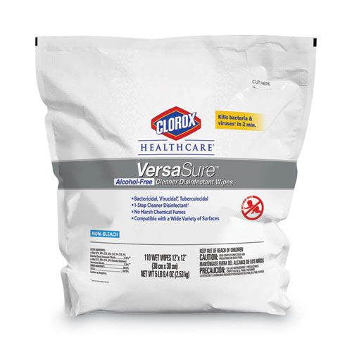 Clorox Healthcare VersaSure Cleaner Disinfectant Wipes, 1-Ply, 12" x 12", White, 110-Pouch, 2-CT 31761