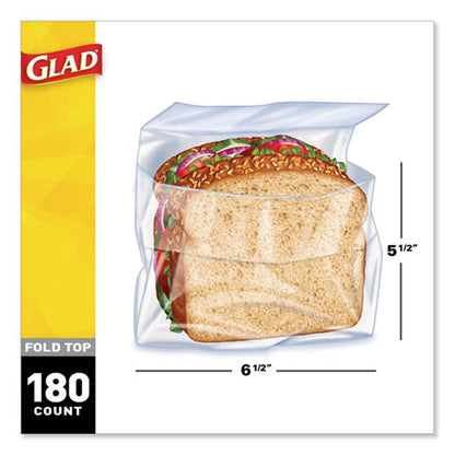 Glad Fold-Top Sandwich Bags, 6.5" x 5.5", Clear, 180-Box, 12 Boxes-Carton 60771