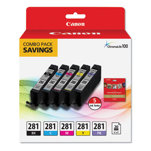 Canon 2091C006 (CLI-281) ChromaLife100 Ink-Paper Combo, Black-Blue-Cyan-Magenta-Yellow 2091C006