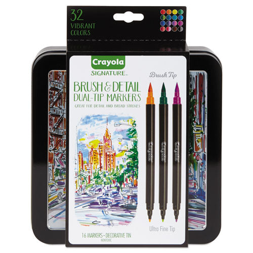 Crayola Brush and Detail Dual Ended Markers, Extra-Fine Brush-Bullet Tips, Assorted Colors, 16-Set 586501