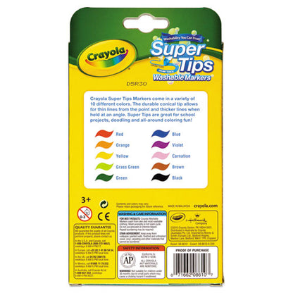 Crayola Washable Super Tips Markers, Fine-Broad Bullet Tips, Assorted Colors, 10-Set 588610