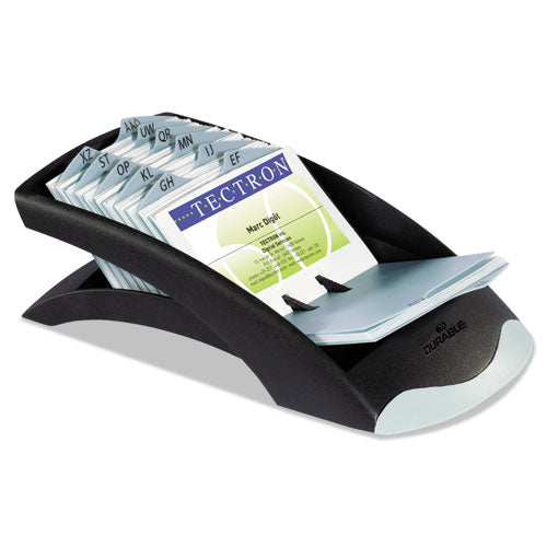 Durable VISIFIX Desk Business Card File, Holds 200 2.88 x 4.13 Cards, 5 x 9.31 x 3.56, Plastic, Graphite-Black 241301
