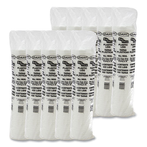 Dart Plastic Lids, Fits 12 oz to 24 oz Hot-Cold Foam Cups, Sip-Thru Lid, White, 100-Pack, 10 Packs-Carton 16UL