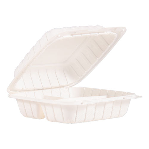 ProPlanet by Dart Hinged Lid Containers, 3-Compartment, 8.3" x 8" x 3", White, 150-Carton 85MFPPHT3