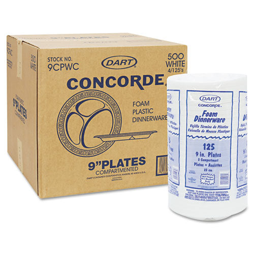 Dart Concorde Foam Plate, 3-Compartment, 9" dia, White, 125-Pack, 4 Packs-Carton 9CPWCR