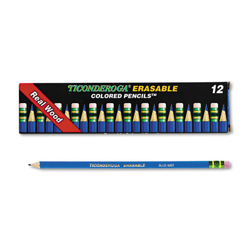 Ticonderoga Erasable Colored Pencils, 2.6 mm, 2B (#1), Blue Lead, Blue Barrel, Dozen 14209