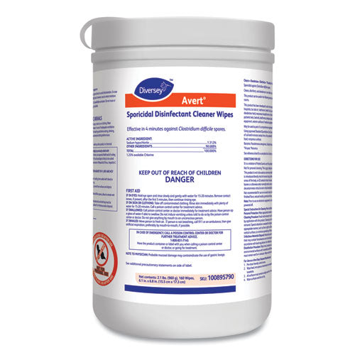 Diversey Avert Sporicidal Disinfectant Cleaner Wipes, Chlorine, 6 x 7, 160-Can, 12-Carton 100895790
