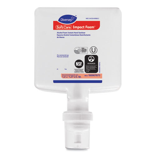 Diversey Soft Care Impact Foam Hand Sanitizer for IntelliCare Dispensers, 1200 mL, Cartridge, 6-Carton 100907873
