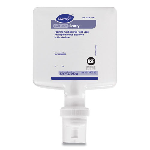 Diversey Soft Care Sentry Foaming Antibacterial Hand Soap, Fragrance-Free, 1.3 L Cartridge Refill, 6-Carton 101100320