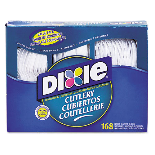 Dixie Combo Pack, Tray with White Plastic Utensils, 56 Forks, 56 Knives, 56 Spoons CM168