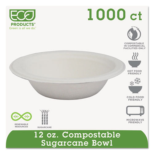Eco-Products Renewable and Compostable Sugarcane Bowls, 12 oz, Natural White, 50-Pack, 20 Packs-Carton EP-BL12