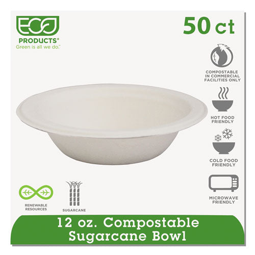 Eco-Products Renewable and Compostable Sugarcane Bowls, 12 oz, Natural White, 50-Packs EP-BL12PK