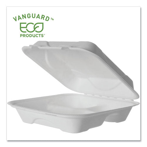 Eco-Products Vanguard Renewable and Compostable Sugarcane Clamshells, 3-Compartment, 9 x 9 x 3, White, 200-Carton EP-HC93NFA