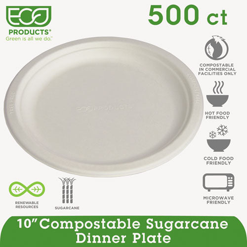 Eco-Products Renewable and Compostable Sugarcane Plates, 10" dia, Natural White, 500-Carton EP-P005