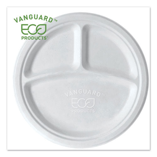 Eco-Products Vanguard Renewable and Compostable Sugarcane Plates, 3-Compartment, 10" dia, White, 500-Carton EP-P007NFA