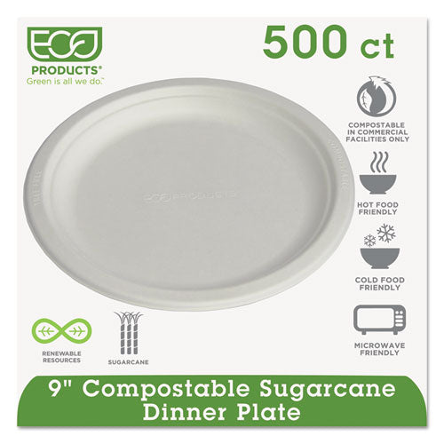 Eco-Products Renewable and Compostable Sugarcane Plates, 9" dia, Natural White, 500-Carton EP-P013