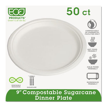 Eco-Products Renewable and Compostable Sugarcane Plates, 9" dia, Natural White, 50-Packs EP-P013PK