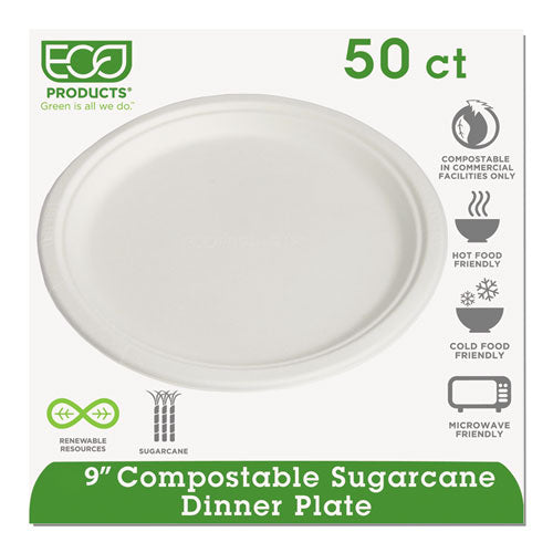 Eco-Products Renewable and Compostable Sugarcane Plates, 9" dia, Natural White, 50-Packs EP-P013PK