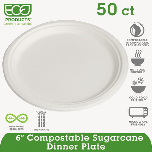 Eco-Products Renewable and Compostable Sugarcane Plates Convenience Pack, 6" dia, Natural White, 50-Pack EP-P016PK