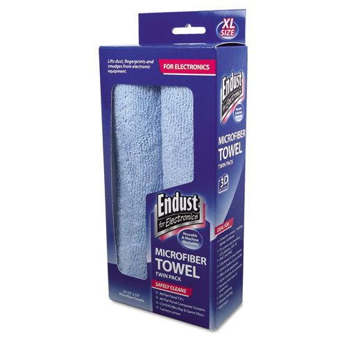 Endust for Electronics Large-Sized Microfiber Towels Two-Pack, 15 x 15, Unscented, Blue, 2-Pack 11421