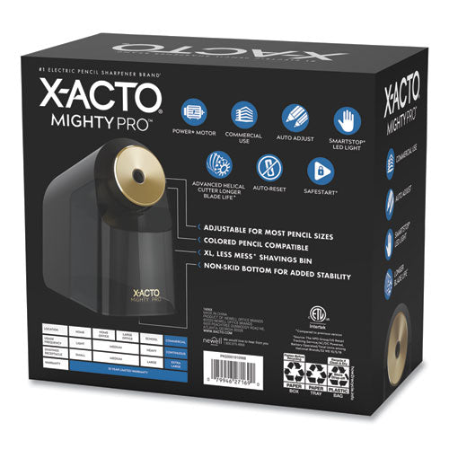 X-Acto Model 1606 Mighty Pro Electric Pencil Sharpener, AC-Powered, 4 x 8 x 7.5, Black-Gold-Smoke 1606X