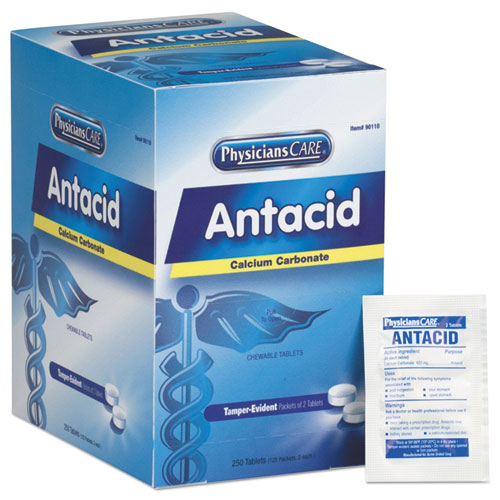 First Aid Only Over the Counter Antacid Medications for First Aid Cabinet, 2 Tablets-Dose, 125 Doses-Box 90110
