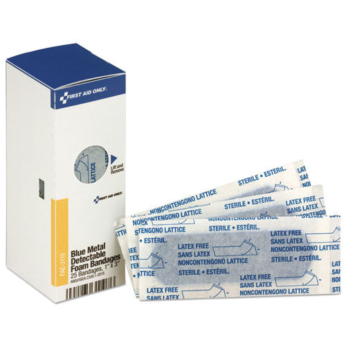 First Aid Only Metal Detectable Adhesive Bandages, Foam, Blue, 1 x 3, 25-Box FAE-3110