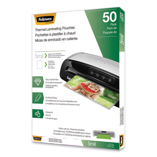Fellowes Thermal Laminating Pouches, 5 mil, 9" x 11.5", Matte Clear, 50-Pack 5744501