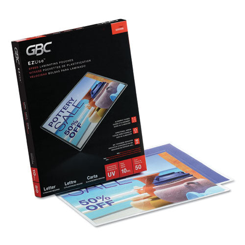 GBC EZUse Thermal Laminating Pouches, 10 mil, 9" x 11.5", Gloss Clear, 50-Box 3200599CF