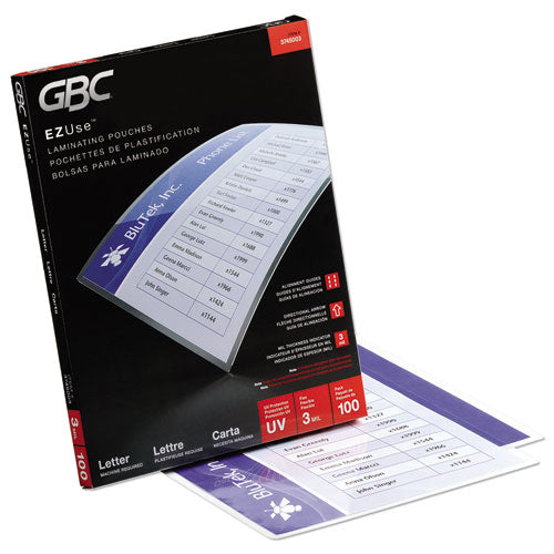 GBC EZUse Thermal Laminating Pouches, 3 mil, 9" x 11.5", Gloss Clear, 100-Box 3745003F