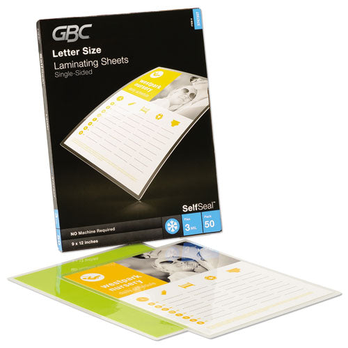 GBC SelfSeal Self-Adhesive Laminating Pouches and Single-Sided Sheets, 3 mil, 9" x 12", Gloss Clear, 50-Pack 3747307CF