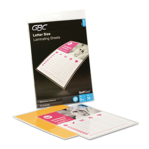 GBC SelfSeal Self-Adhesive Laminating Pouches and Single-Sided Sheets, 3 mil, 9" x 12", Gloss Clear, 10-Pack 3747308CF
