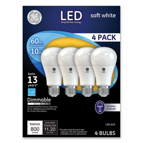 GE LED Soft White A19 Dimmable Light Bulb, 10 W, 4-Pack 67615