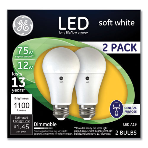 GE 75W LED Bulbs, 12 W, A19 Bulb, Soft White, 2-Pack 93127324