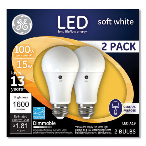 GE 100W LED Bulbs, 15 W, A19, Soft White, 2-Pack 93127668