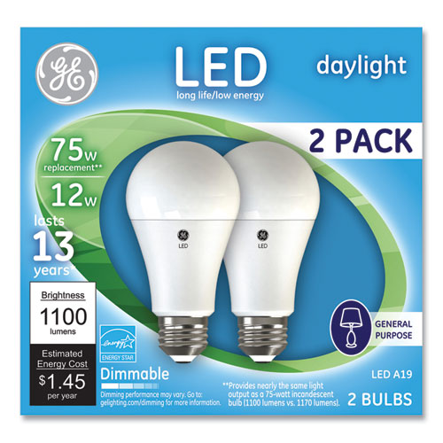 GE 75W LED Bulbs, 12 W, A19 Bulb, Daylight, 2-Pack 93127670