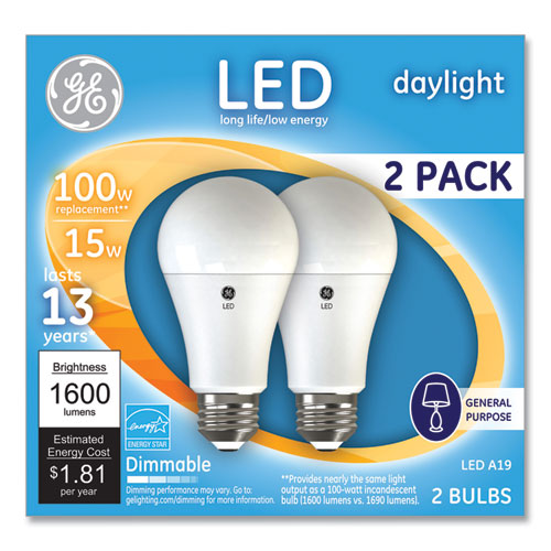 GE 100W LED Bulbs, 15 W, A19, Daylight, 2-Pack 93127672