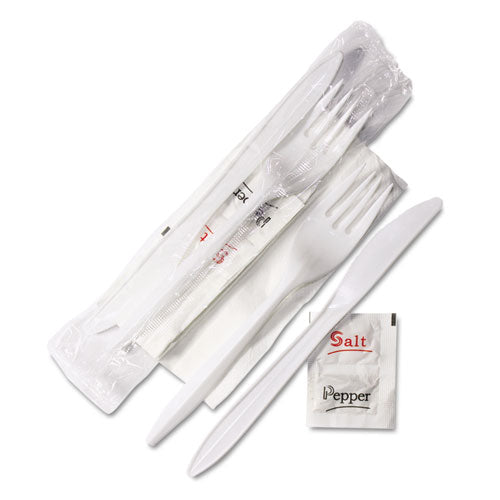 GEN Wrapped Cutlery Kit, 6.25", Fork-Knife-Napkin-Salt-Pepper, Polypropylene, White, 500-Carton 705453