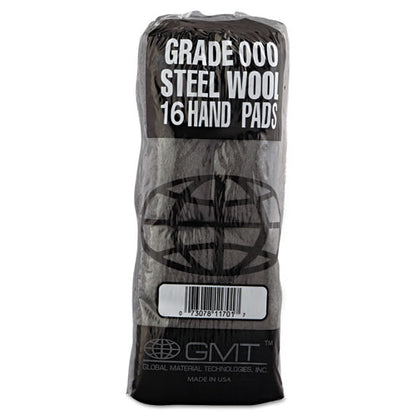 GMT Industrial-Quality Steel Wool Hand Pads, #000 Extra Fine, Steel Gray, 16 Pads-Sleeve, 12 Sleeves-Carton 117001