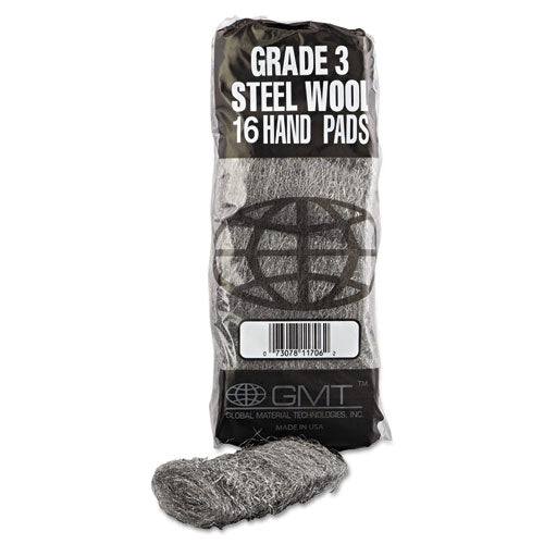 GMT Industrial-Quality Steel Wool Hand Pads, #3 Medium, Steel Gray, 16 Pads-Sleeve, 12 Sleeves-Carton 117006