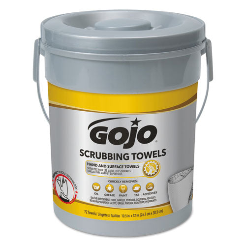 GOJO Scrubbing Towels, Hand Cleaning, Silver-Yellow, 10 1-2 x 12, 72-Bucket 6396-06