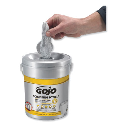 GOJO Scrubbing Towels, Hand Cleaning, Silver-Yellow, 10 1-2 x 12, 72-Bucket, 6-Carton 6396-06